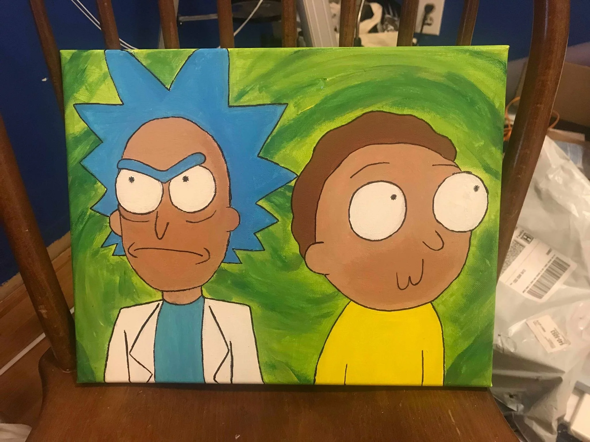 Painting of cartoon characters Rick and Morty from the animated TV show, with a colorful green background.