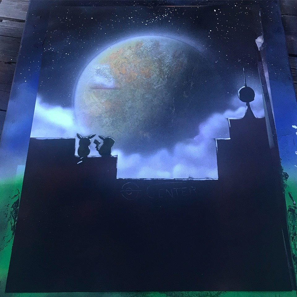 Silhouette of two mice sitting on a ledge, looking at a large, glowing planet with stars and clouds in the background, and a structure with a ball on top to the right.