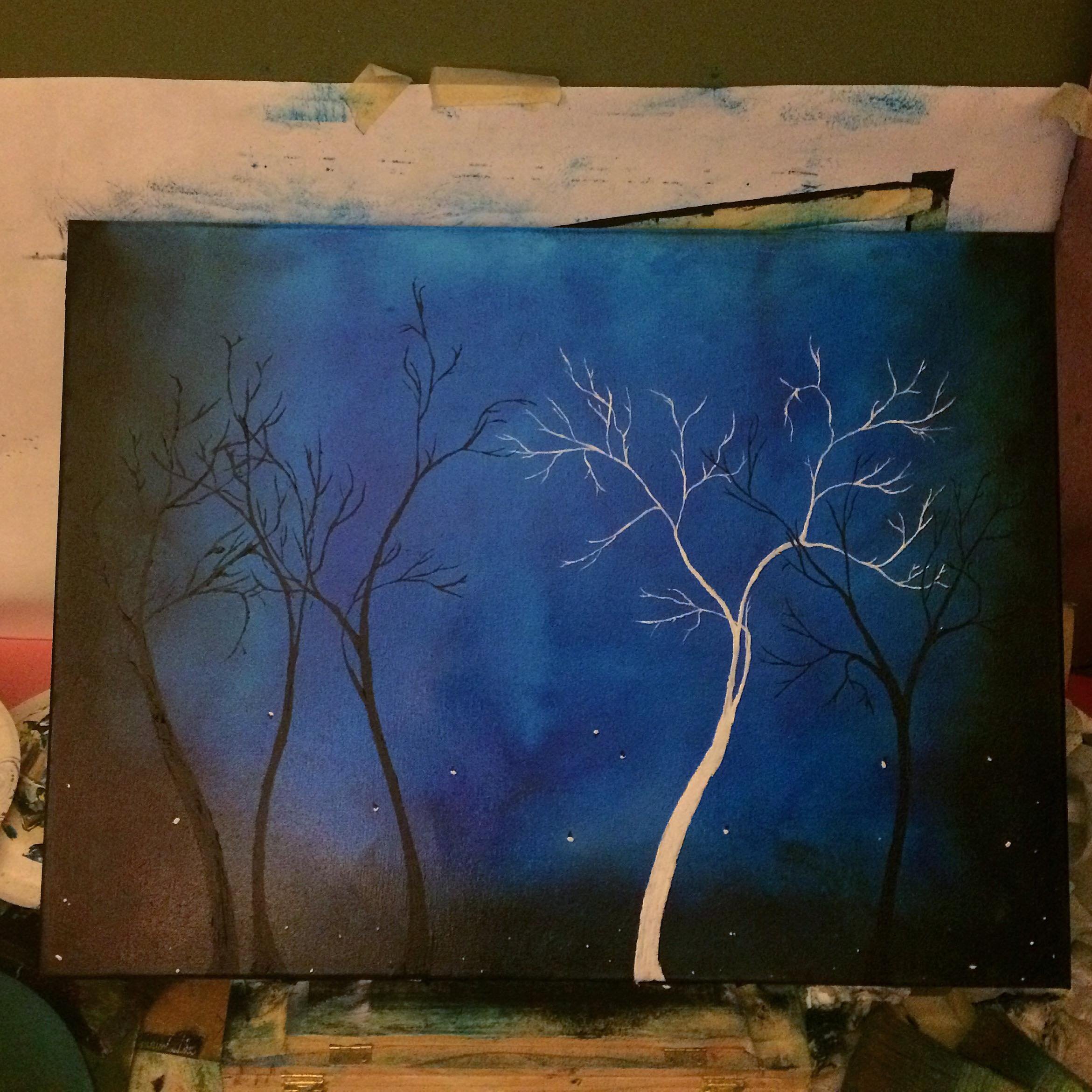 Painting of three leafless trees silhouetted against a dark blue night sky with small white stars.