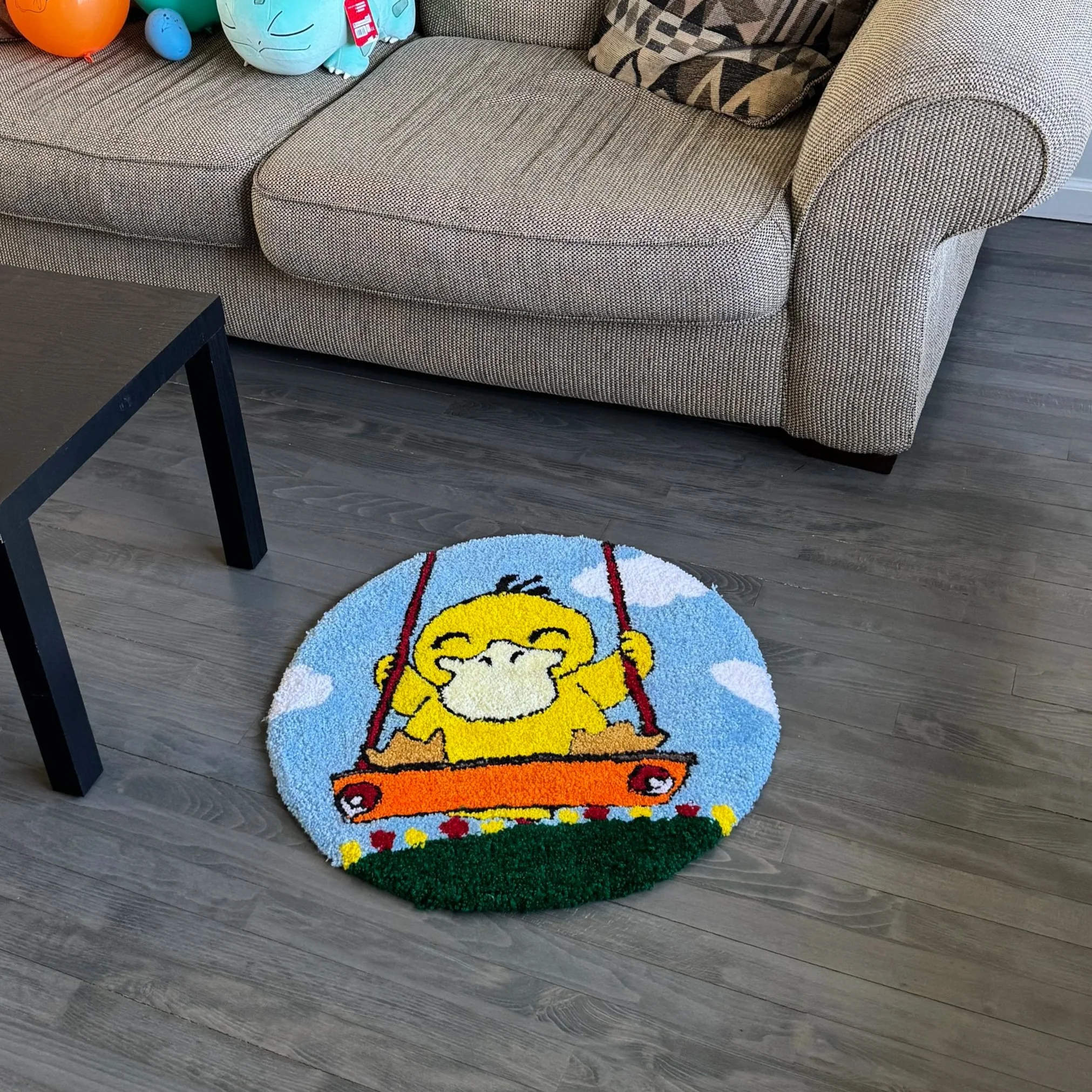 Psyduck on Swing Handmade Pokemon Rug – 2ft x 2ft Acrylic Yarn