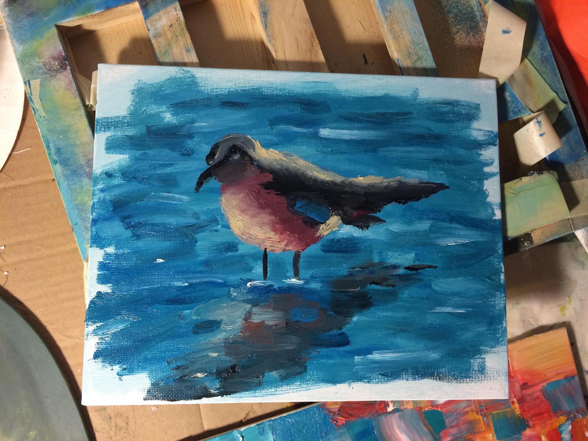 A painting of a bird standing on water, with a blue and teal background and reflection of the bird in the water.