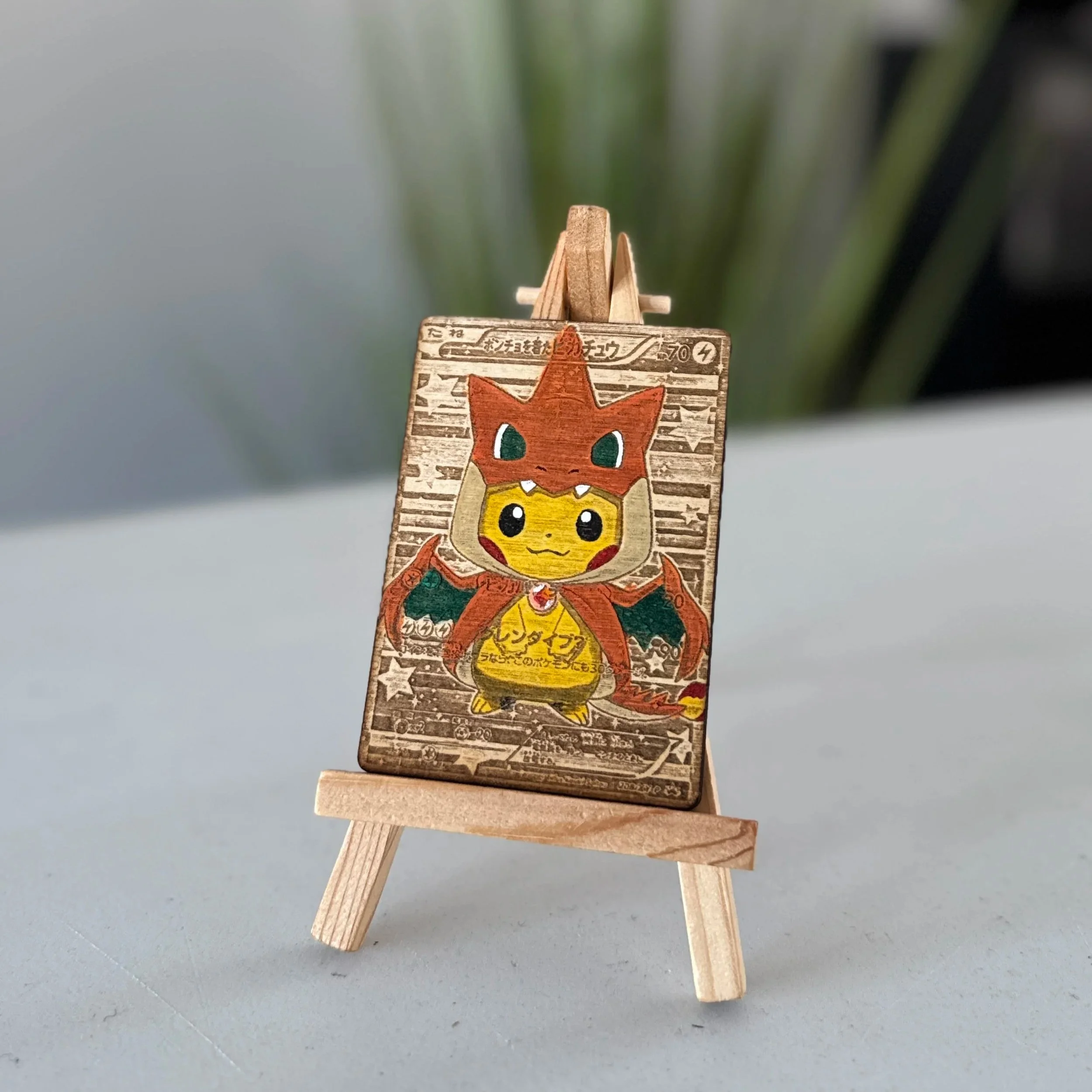 Poncho Pikachu (Charizard) Engraved Wooden TCG Card