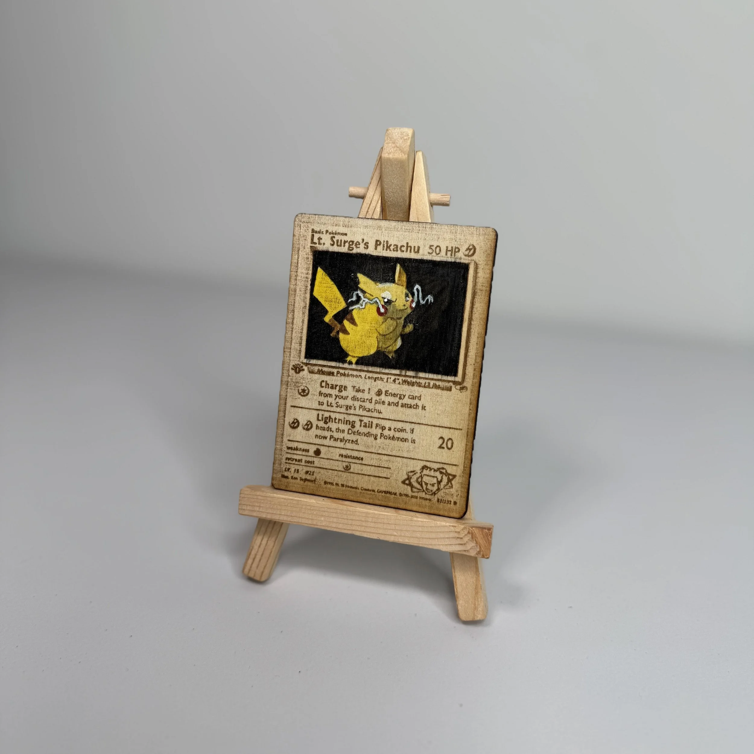 Lt. Surge's Pikachu (91) Engraved Wooden TCG Card