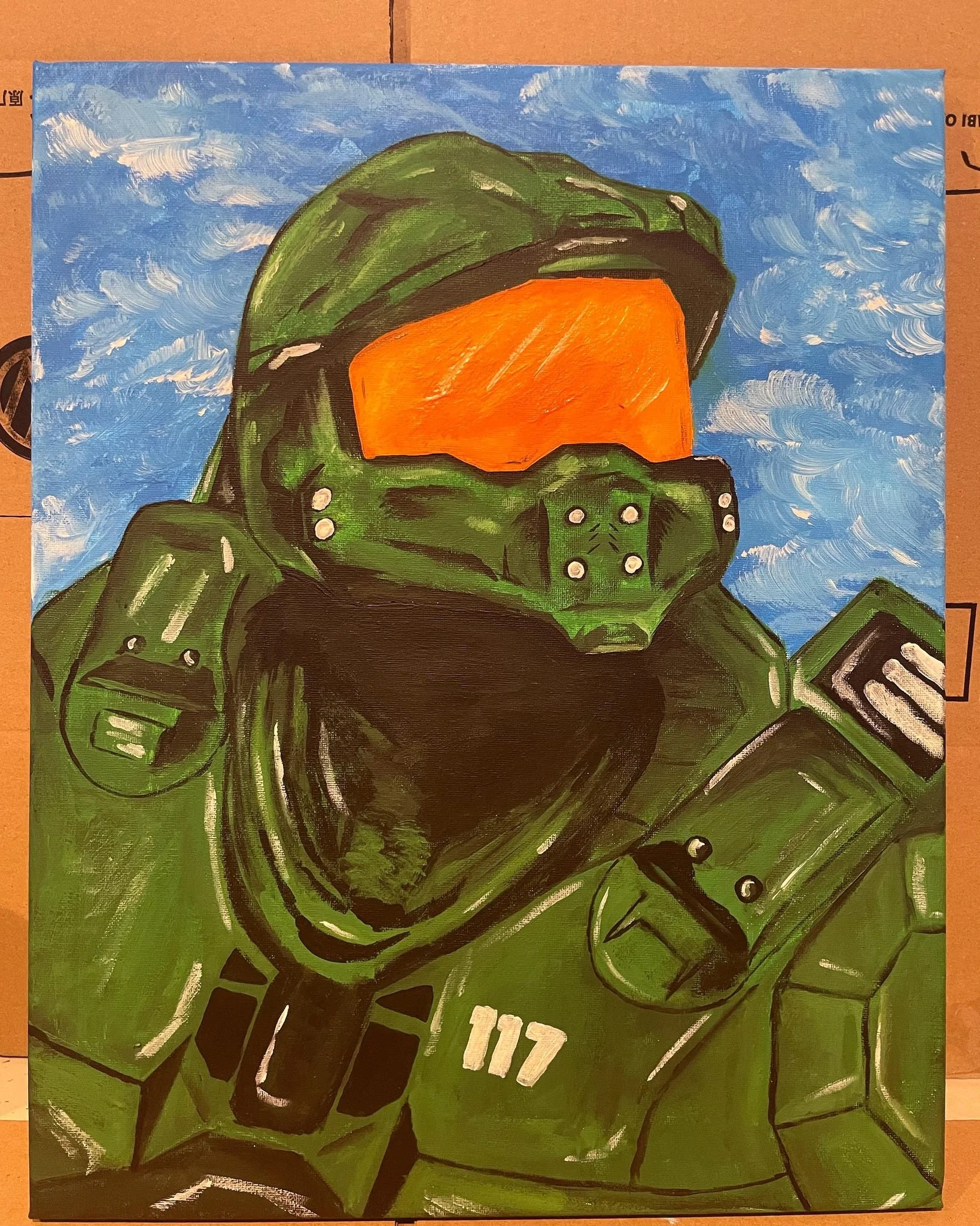 Painting of a soldier in green armor with an orange visor, smiling with an open mouth, against a blue sky background.