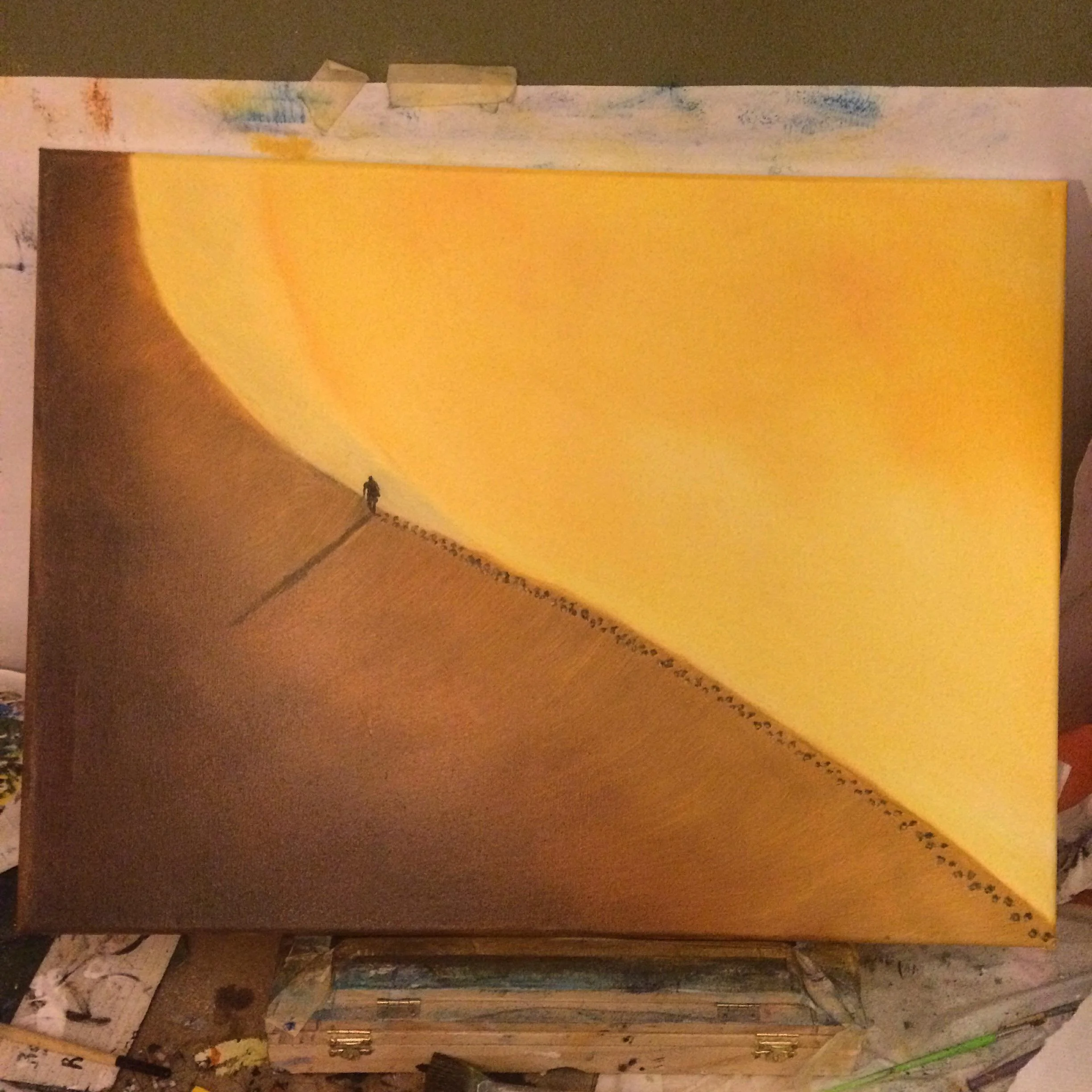 A painting depicting a person walking along a long, straight path through a barren landscape under a large, yellow crescent-shaped sky or horizon.