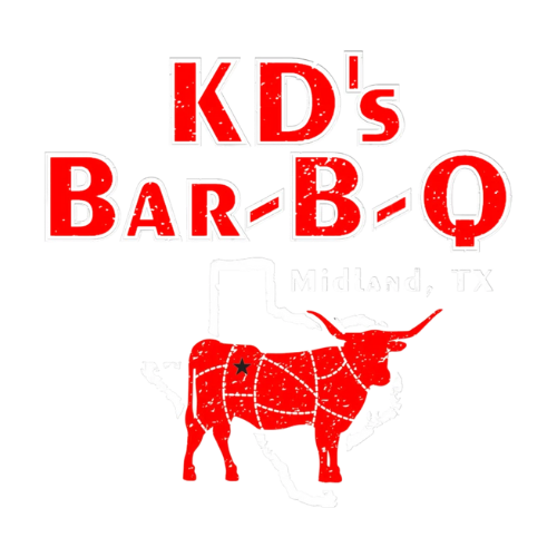 Logo for KD's Bar-B-Q in Midland, Texas, featuring red text and a red cow silhouette over Texas.