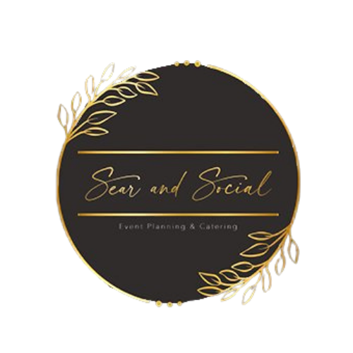 A circular logo with a black background and gold decorative leaves at the top and bottom edges. The text in the center reads "Heart and Social" in gold script, and below it in smaller font, "Event Planning & Catering."