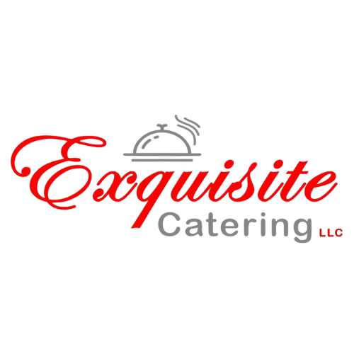 Logo for Exquisite Catering LLC with a cloche cover illustration and elegant red and gray text.