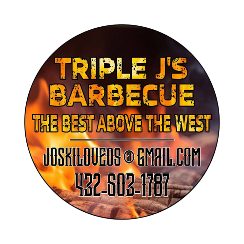 Logo for Triple J's Barbecue featuring fiery background and contact information.