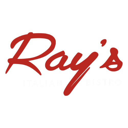 Logo for Ray's Italian Bistro with red cursive text and black background.