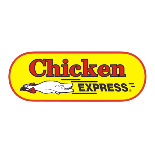 Logo for Chicken Express featuring a black chicken silhouette, with red and yellow background, and bold red and black text.