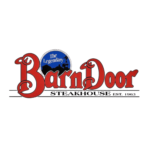 Logo for 'The Legendary Barn Door' with red stylized text and a blue circle featuring a barn and silhouette of a city skyline.