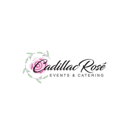 Logo for Cadillac Rose Events & Catering with a pink rose and black text on a black background.