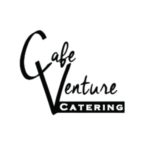 Logo for Cafe Venture Catering with stylized text and a dark background.