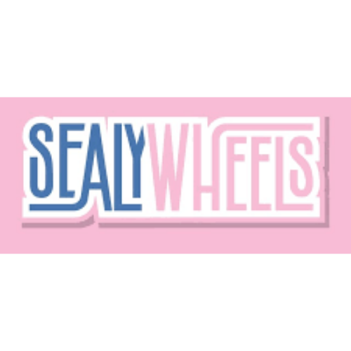 Seal Wheels logo with blue and pink text on a pink background