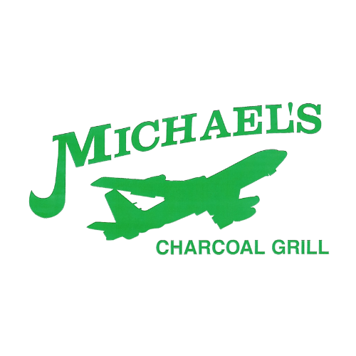 Logo for Michael's Charcoal Grill featuring green text and a stylized airplane.