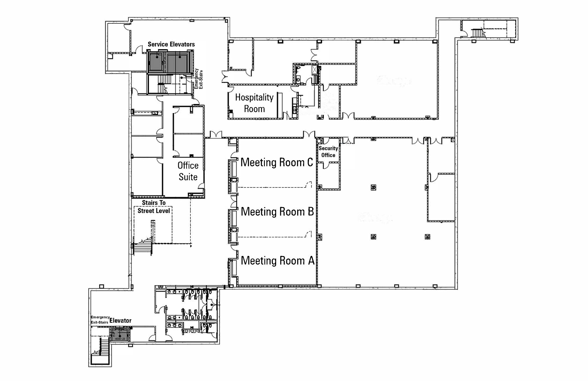 rendering of lower level layout with meeting rooms and office suite