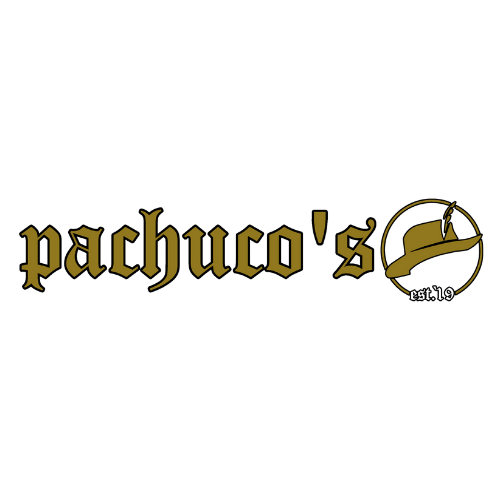 Pachuco's logo with gold text and a hat with a feather in a circular design.