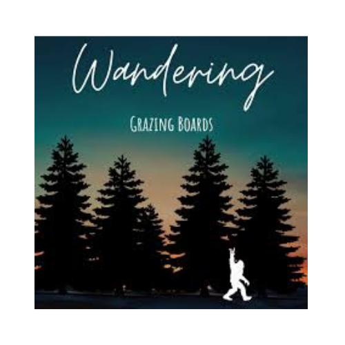 Cover of a book titled 'Wandering' featuring a silhouette of pine trees and a person walking with a dog during sunset.