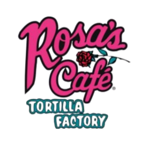 Logo for Rosa's Café, a tortilla factory, with pink text and a red rose with green leaves.