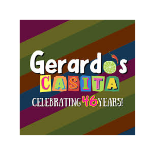 Colorful graphic celebrating Gerard's 46th anniversary, featuring the text "Gerard's Casita" with a lime and umbrella, and "Celebrating 46 Years!" on a striped background.