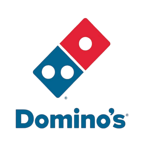 The Domino's logo with two domino tiles, one red and one blue, positioned above the company name in blue text.