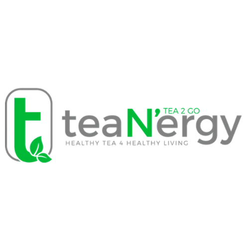 Logo with a green and gray battery icon and the text 'Tea Energy' in gray and green.