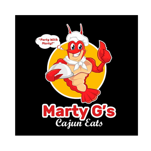 Logo of Marty G's Cajun Eats featuring a cartoon lobster wearing a Santa hat, giving a thumbs up, with a speech bubble saying 'Party With Marty!'