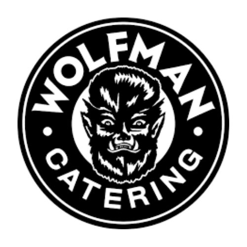 Logo for Wolfman Catering featuring a wolfman's face in the center with the company name around it in a circular design.