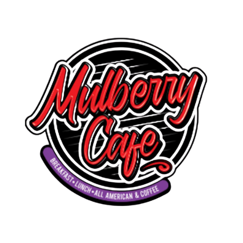 Logo for Mulberry Cafe with red cursive text and purple banner indicating breakfast, lunch, all American food, and coffee.