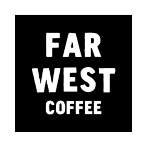 Black background with white text that reads "FAR WEST COFFEE" in bold, uppercase letters.