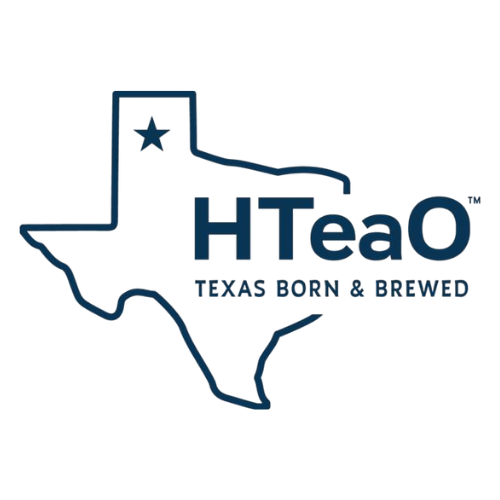 Outline of the state of Texas with a star in the upper left corner, the text 'HTeaO' and 'Texas Born & Brewed' beneath it.