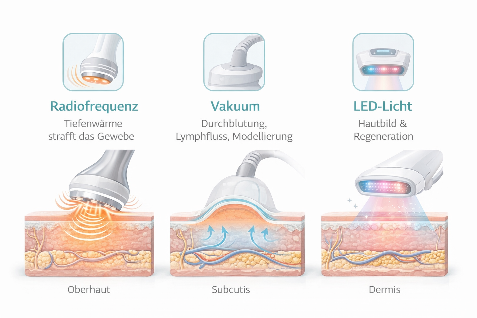 Diagram showing three skin treatments: radiofrequency, vacuum, and LED light, with their target skin layers and effects. Radiofrequency heats the deep skin to tighten tissue; vacuum improves circulation and modeling; LED light promotes skin regeneration.