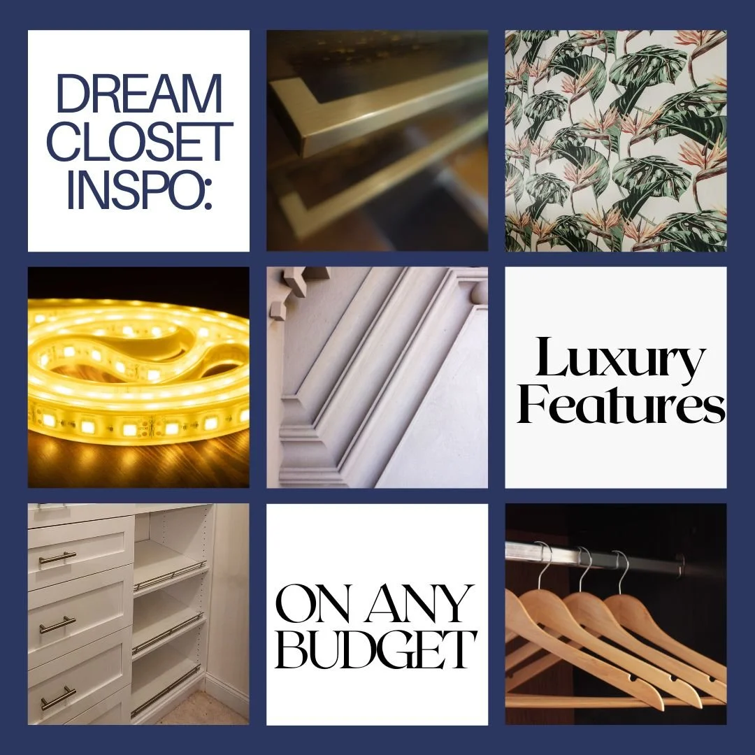 Luxury closet vibes don't always require luxury budgets! Here are high-end looks that won't break the bank:
✨ AFFORDABLE LUXURY TOUCHES:
Crown Molding &amp; Trim ($100-300)
Instantly elevates any closet design
Makes the space feel custom and finished