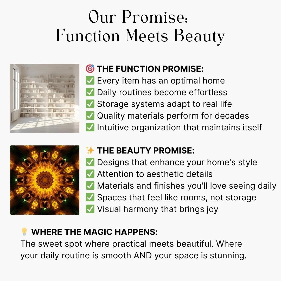 At Freedom Closets, we believe you shouldn't have to choose between gorgeous and functional. Here's our commitment to both:

🎯 THE FUNCTION PROMISE: 
✅ Every item has an optimal home 
✅ Daily routines become effortless 
✅ Storage systems adapt to re