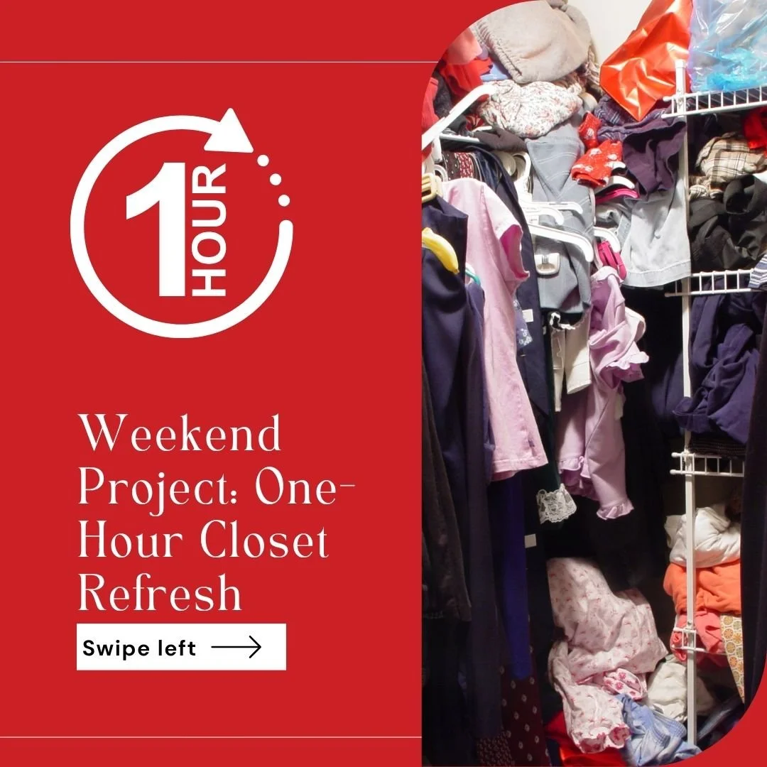 Got an hour this weekend? Let's give your closet some love!

⏰ YOUR 60-MINUTE REFRESH PLAN:
Minutes 0-15: The Quick Purge
Minutes 15-30: The Sort &amp; Group
Minutes 30-45: The Optimize
Minutes 45-60: The Finishing Touches
Check out the images for mo