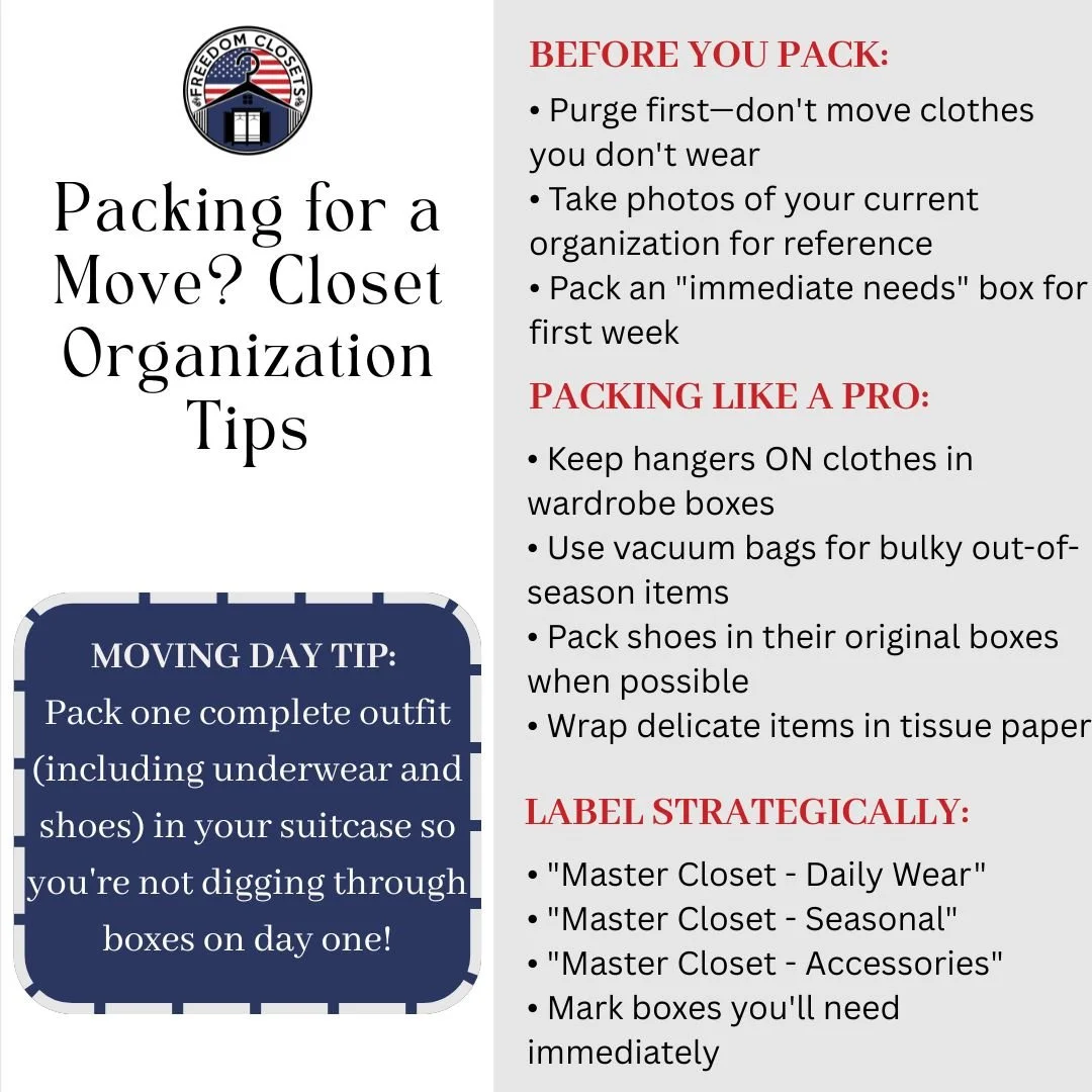 Moving soon? Here's how to pack your closet like a pro and set yourself up for easy unpacking:
📦 SMART PACKING STRATEGIES:

BEFORE YOU PACK: 
&bull; Purge first&mdash;don't move clothes you don't wear 
&bull; Take photos of your current organization