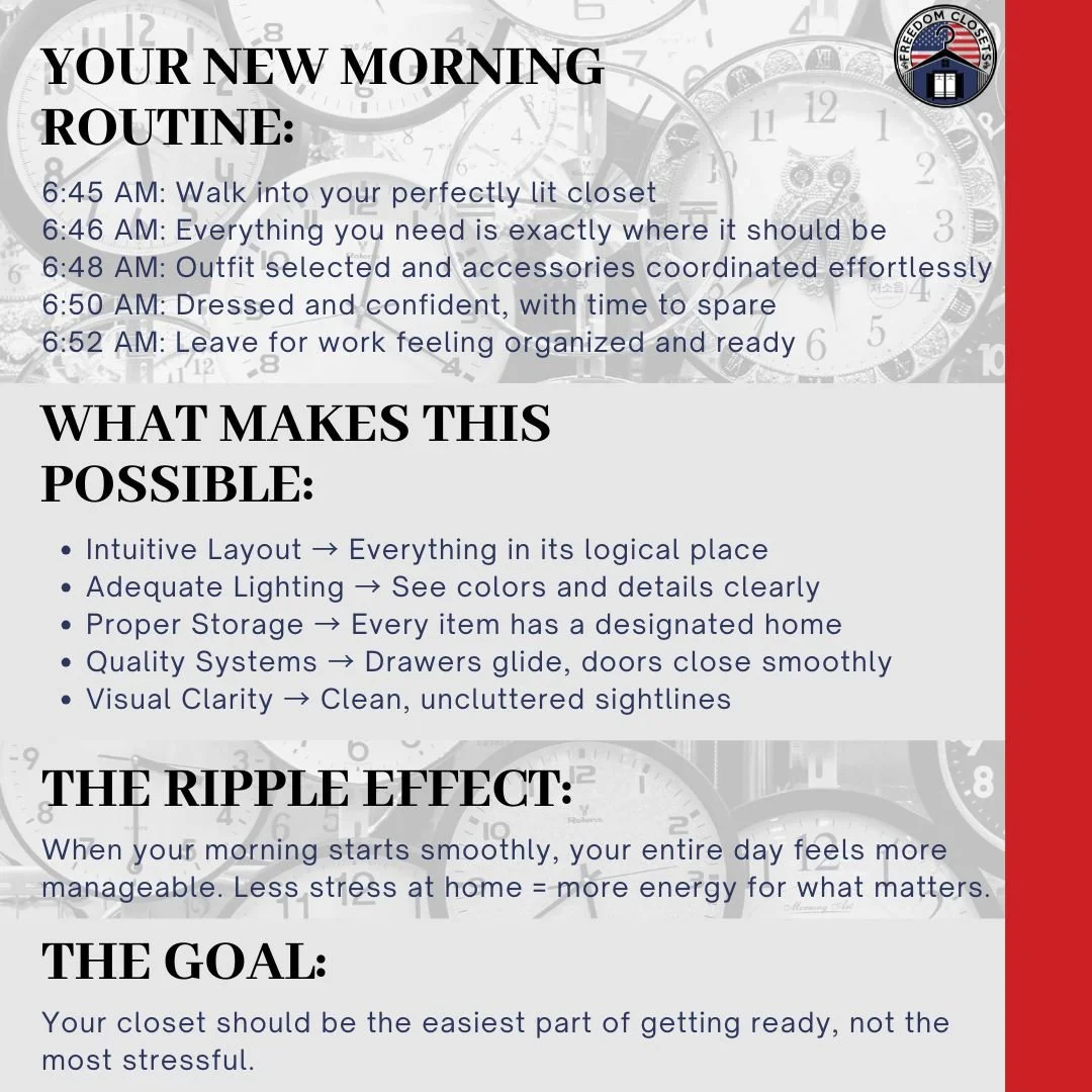 Closet Goals: Making Every Morning Easier!

Compare this to your current morning routine. What would change if your closet worked this smoothly?

Dream bigger: If your closet could give you back 15 minutes every morning, what would you do with that e