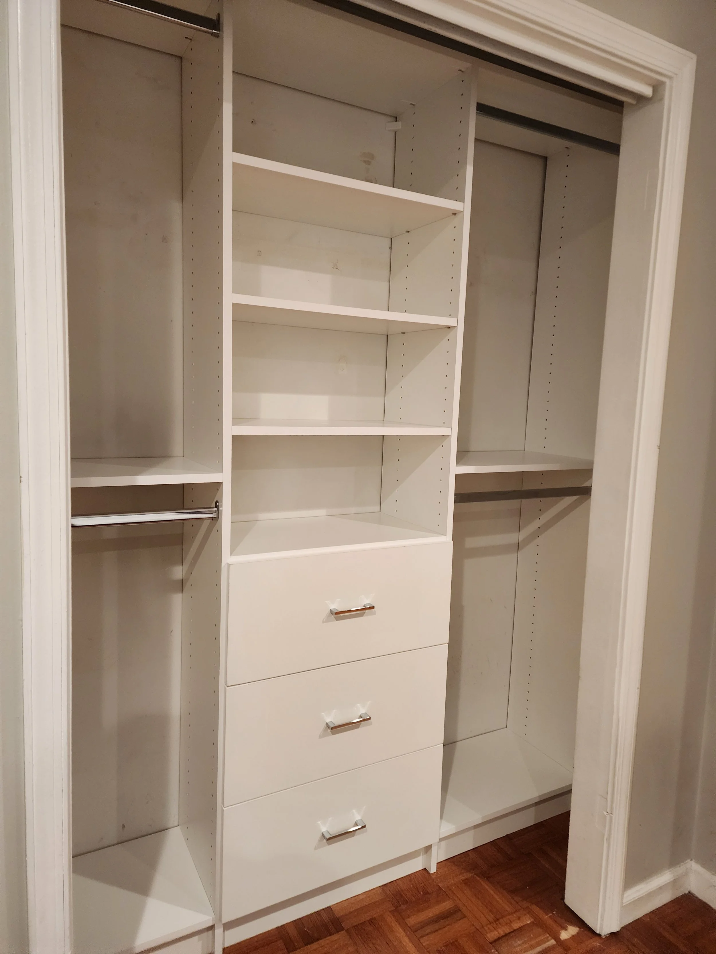 Reach-In Closet with Two Double Hanging Units, Drawers, and Shelves. Mount Olive, NJ