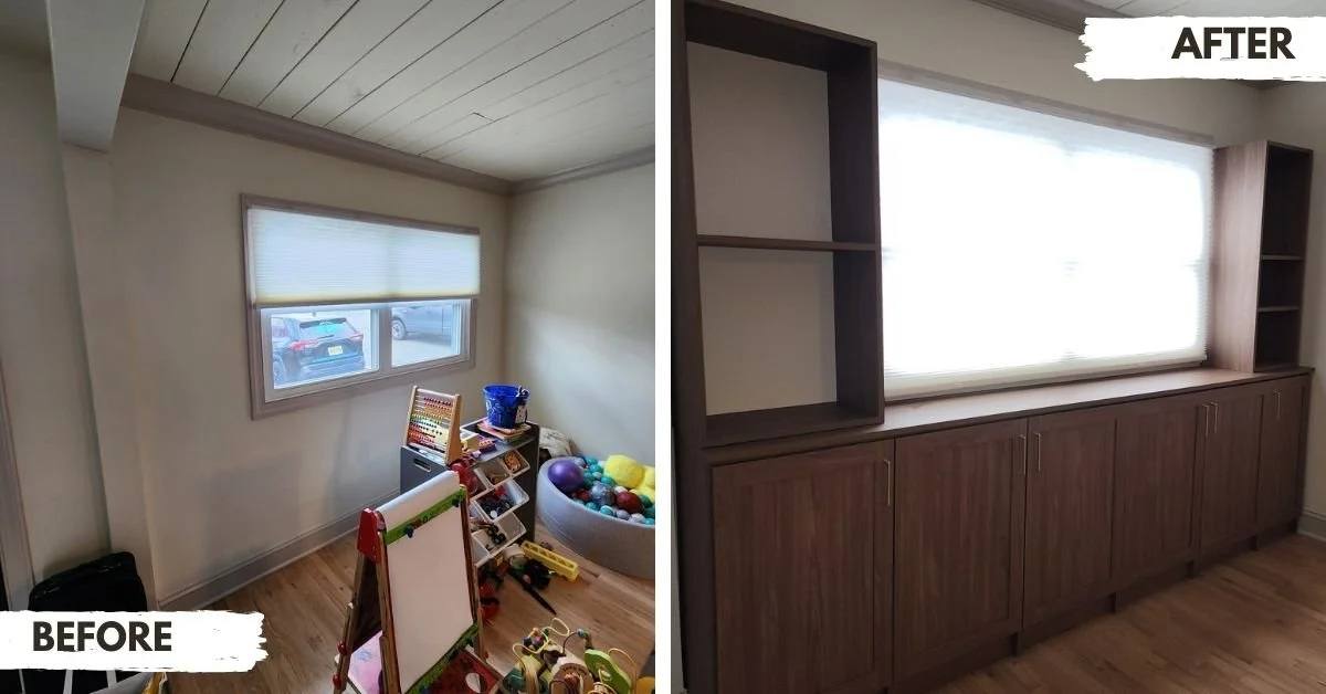 Rockaway Playroom Empty space to built in cabinets