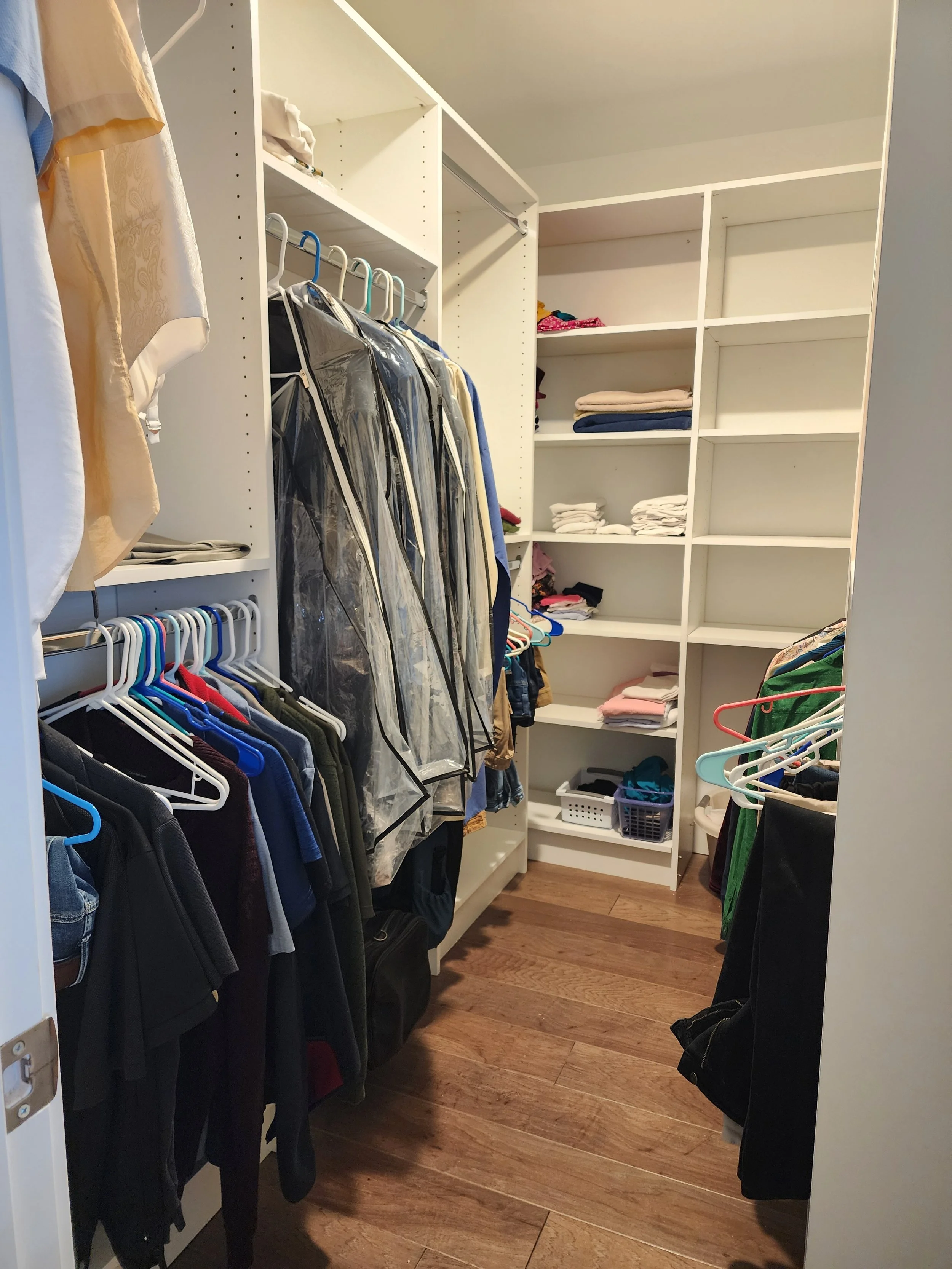 Whippany Primary Closet Walk In with no drawers with hanging units and shelving on the back wall