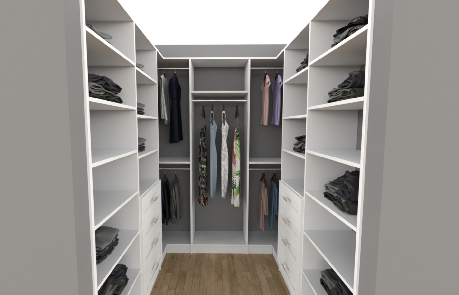 White Walk In Closet With Drawers, shelves, long hanging, and double hanging units