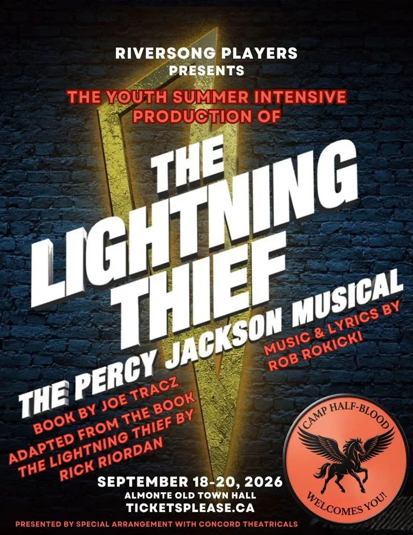 Promotional poster for 'The Lightning Thief' musical based on Percy Jackson book, presented by Riversong Players, with details of dates September 18-20, 2026, at Almonte Old Town Hall, tickets at ticketsplease.ca, featuring book by Joe Tracz, adaptation from the book, music and lyrics by Rob Rokicki, and with a logo of Camp Half-Blood with a black Pegasus.