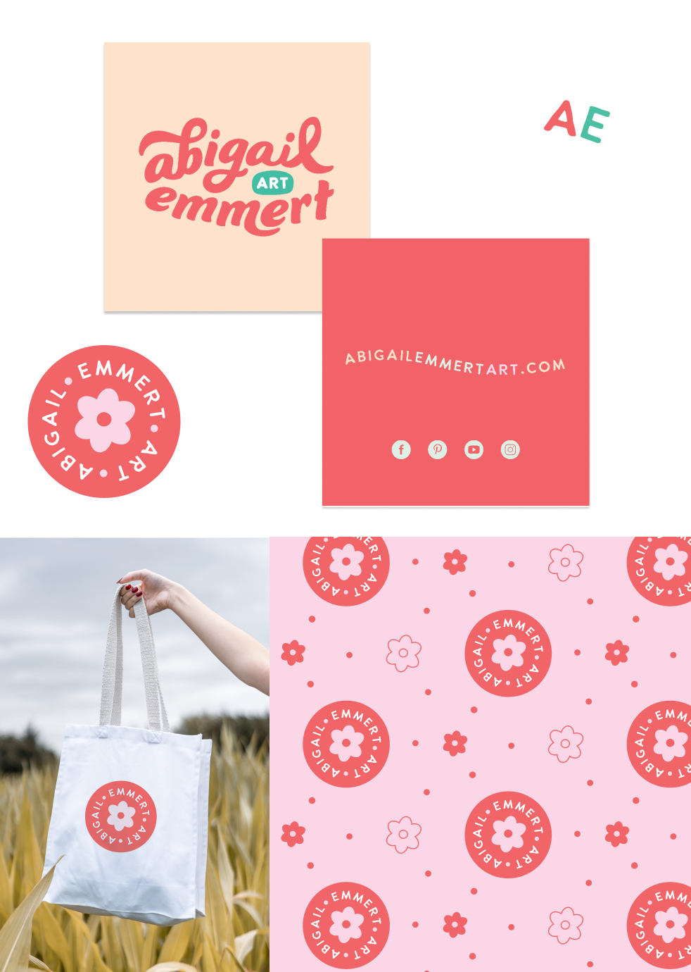 A full brand system for Abigail Emmert Art — logos, patterns, and merch designed to be as playful and distinctive as her work.