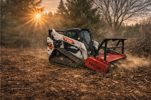 Skid steer forestry mulcher clearing overgrown land in Michigan