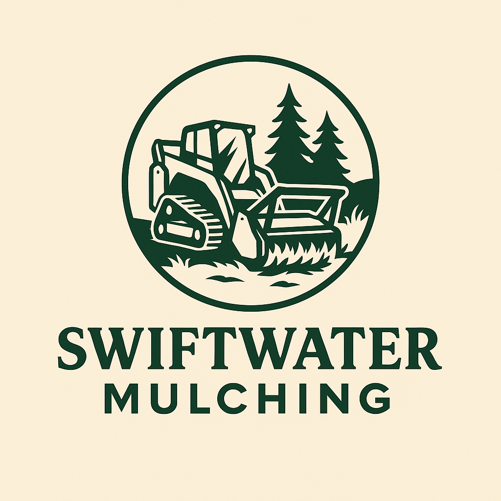Swiftwater Mulching logo featuring a track loader, representing professional forestry mulching and land clearing services in Southeast Michigan.