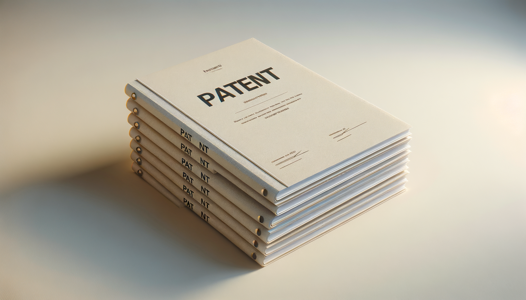 Stack of several beige legal binders labeled 'PATENT' with one open binder on top, on a cream-colored surface.