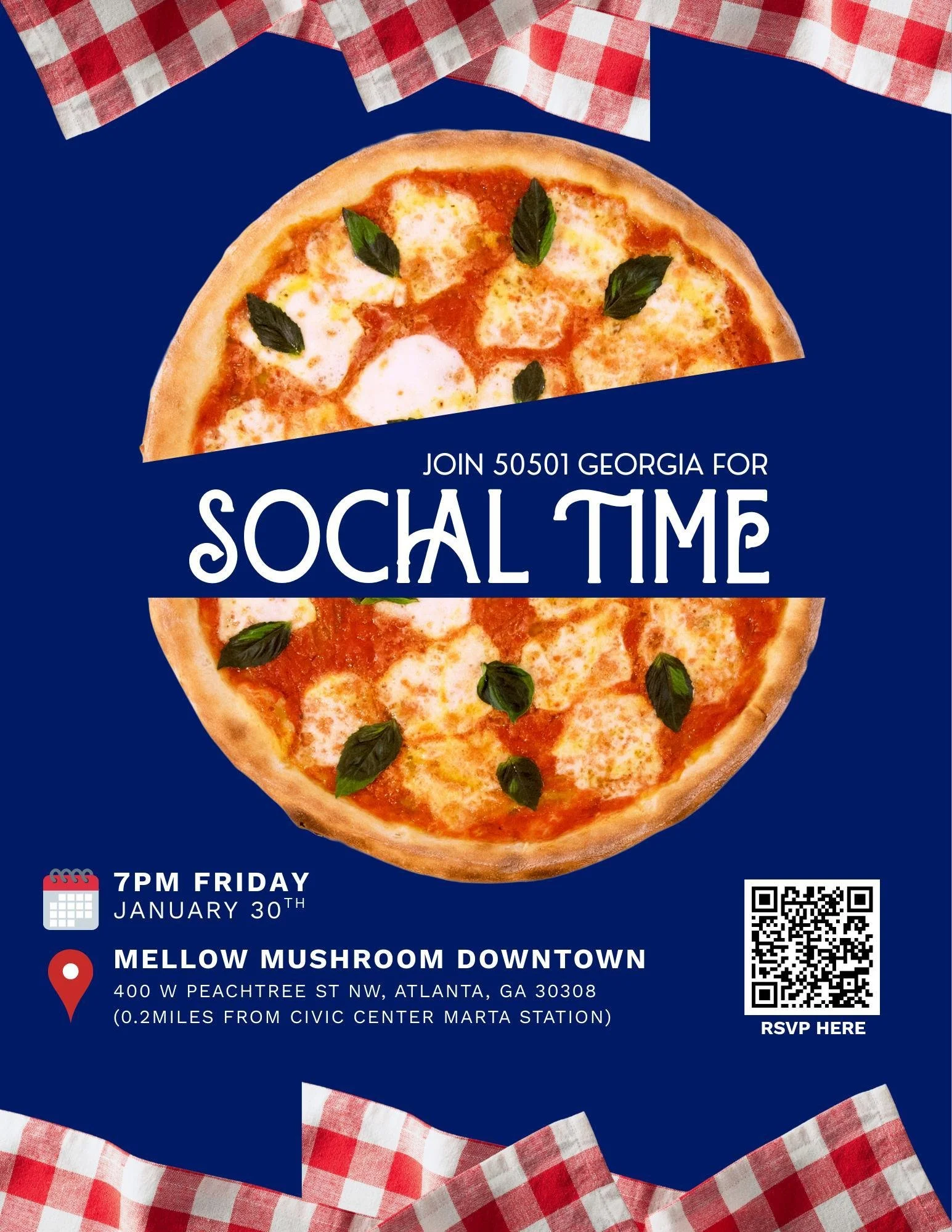 Flyer for 50501 GA Social Time. Image shows a pizza split in half on a blue backgroundwith red and white checkered pinic blanket on the top and bottom of the page. The flyer text says "Join 50501 Georgia For Social Time. 7pm Friday, January 30th.