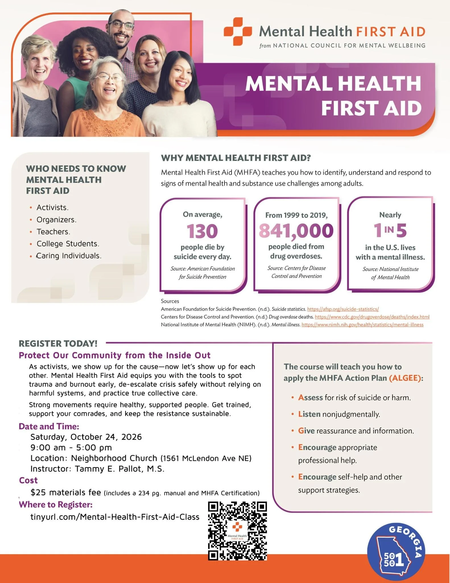 Flyer for Mental Health First AID. Register to learn more on how we can show up for each other on 9/24/26 from 9 AM - 5 PM at Neighborhood Church on 1561 McLendon Ave NW