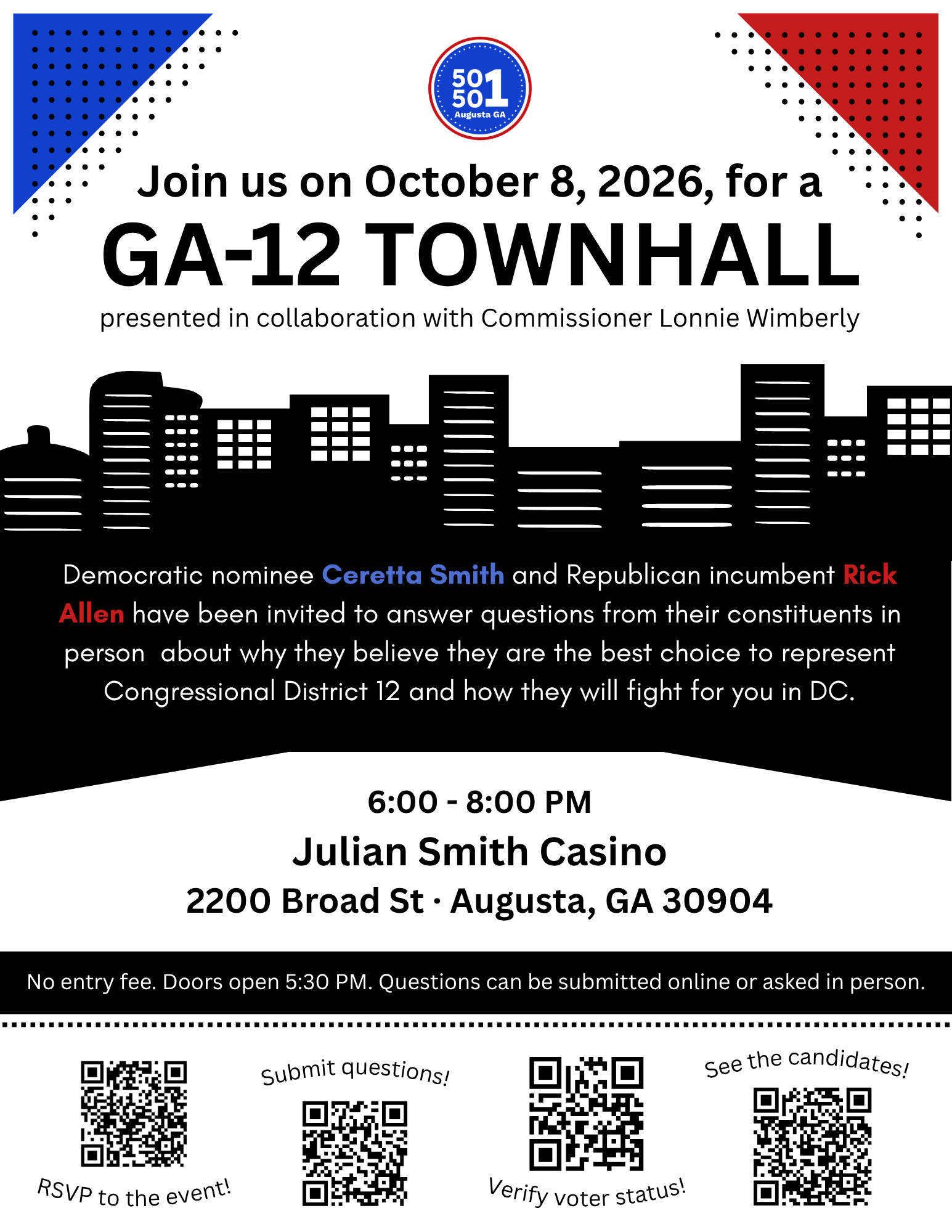 Flyer for GA-12 Downhill on October 8, 2026 from 6-8 PM at Julian Smith Casino on 2200 Broad Street, Augusta, GA 30904